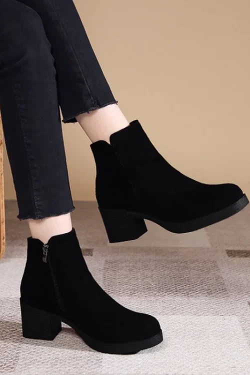 Women’s Autumn and Winter 2023 New Fashion Solid Temperament Ankle Boots Round Head Square Heel Slip on Solid Casual Boots Size