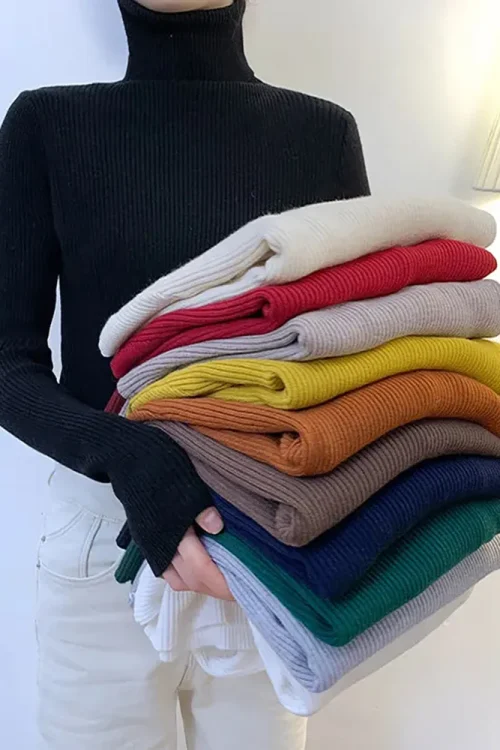 goods-shops New 2023 Women Pullover Turtleneck Sweater Autumn Long Sleeve Slim Elastic Korean Simple Basic Cheap Jumper Solid Color Top