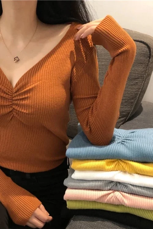 goods-shops Sexy V Neck Women Sweater Autumn Knitted Pullover Jumper Chic Soft Korean Slim Long Sleeve Female Basic Top New